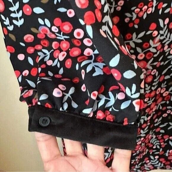 Loft Floral Berry Women’s Dress Size M Velvet Trim Keyhole Cut Out Long Sleeve - Picture 5 of 9